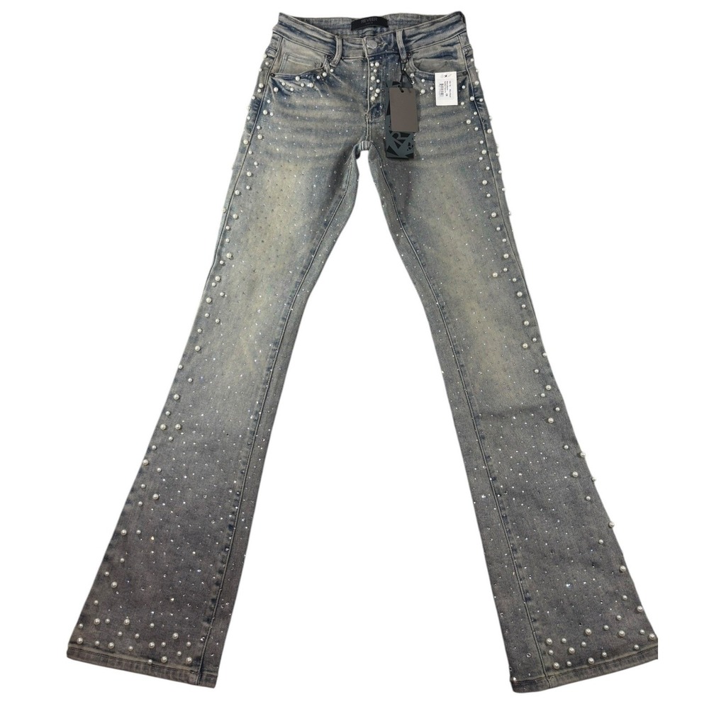 Reveer Jeans Men 28 Stacked Flare Fit Pearl Rhinestone Embellished Blue Wash NEW